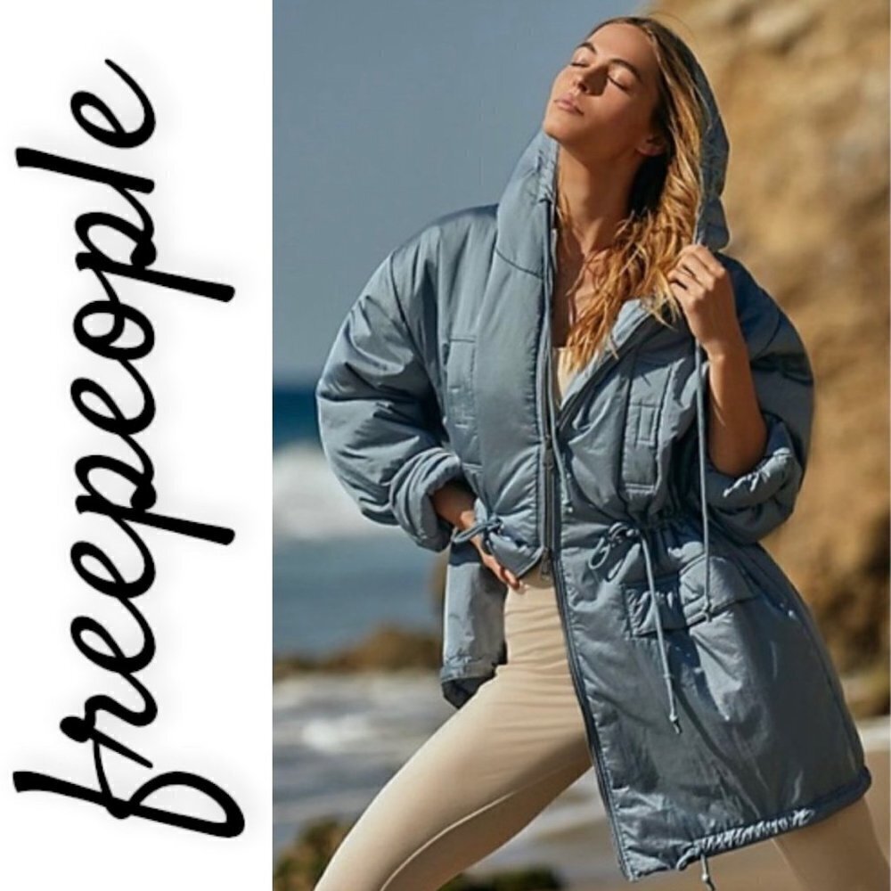 FREE PEOPLE Head‎ In The Clouds Blue Puffer Parka Hooded Jacket, Size Large